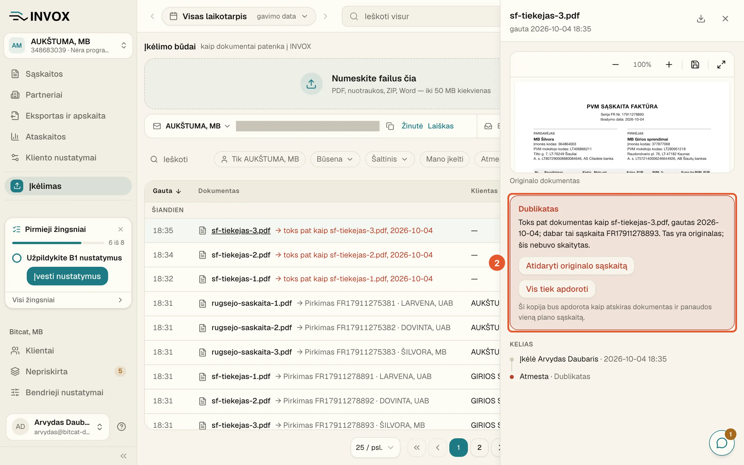 Šoninis skydelis „Dublikatas“: originalo pavadinimas, gavimo data ir sąskaitos faktūros numeris, mygtukas „Atidaryti originalo sąskaitą“.