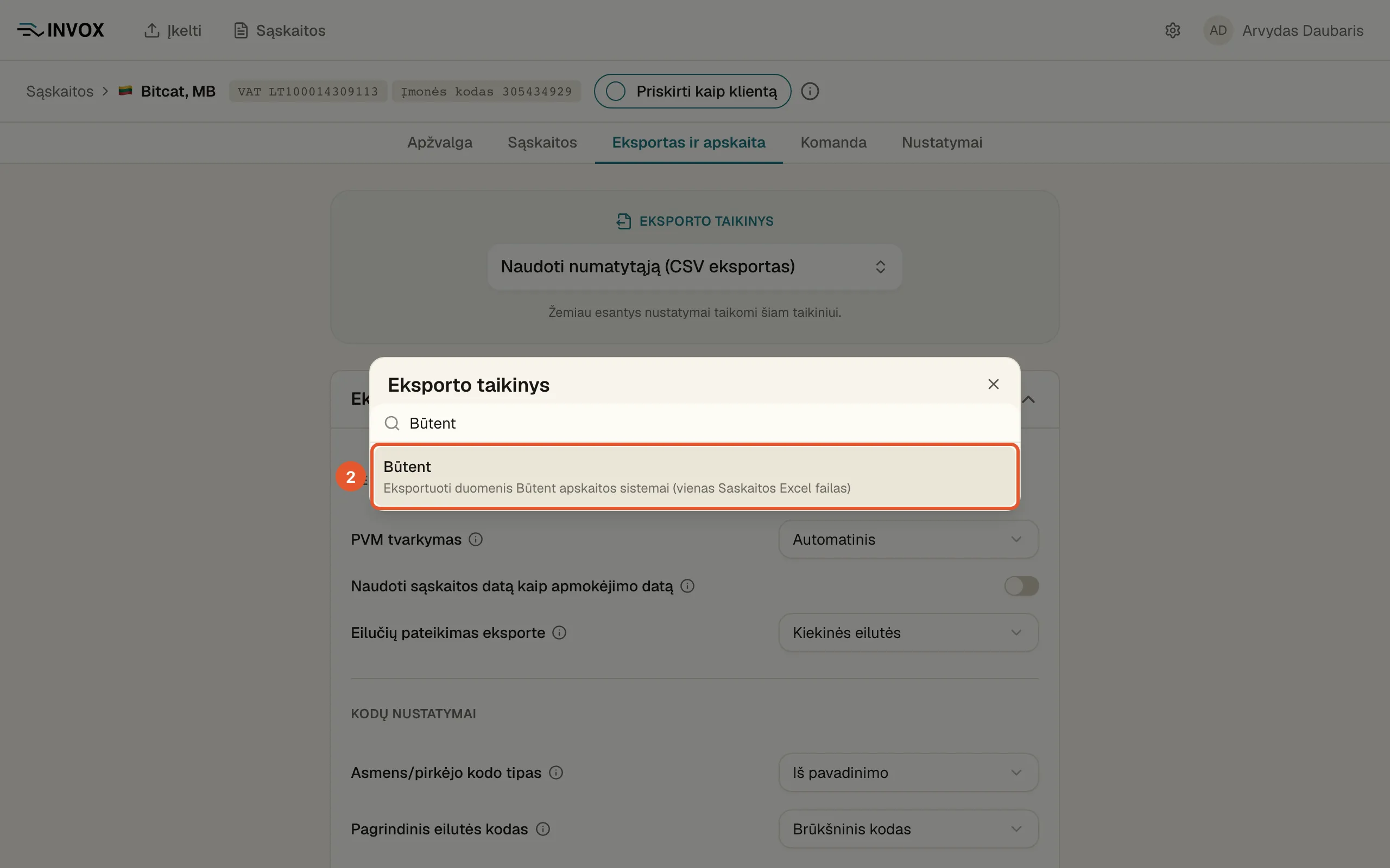 Formatų langas su įrašyta paieška ir pažymėta eilute „Būtent“