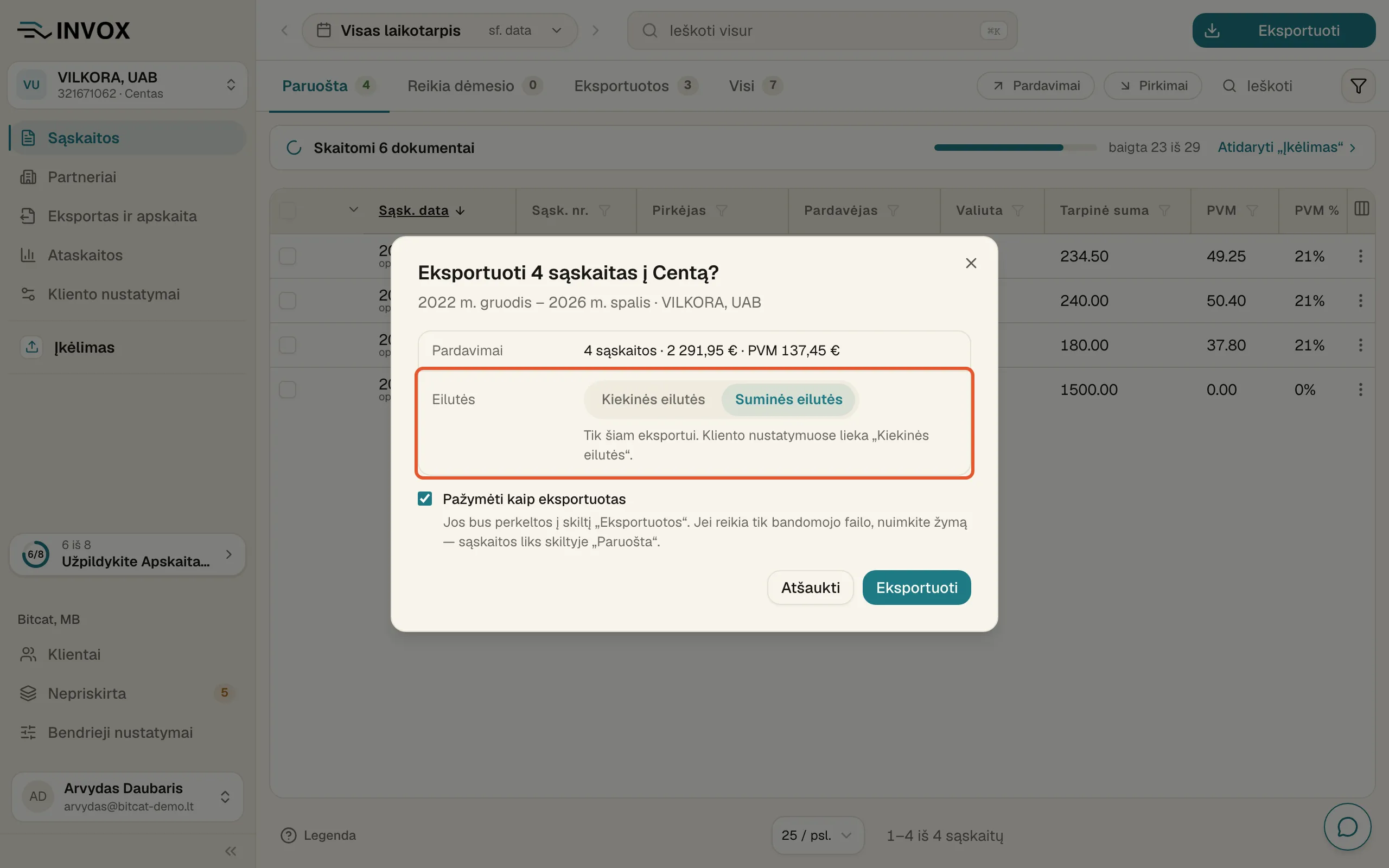Eksporto lange pažymėta eilutė „Eilutės“: perjungta į „Suminės eilutės“, po ja „Tik šiam eksportui. Kliento nustatymuose lieka „Kiekinės eilutės“.“
