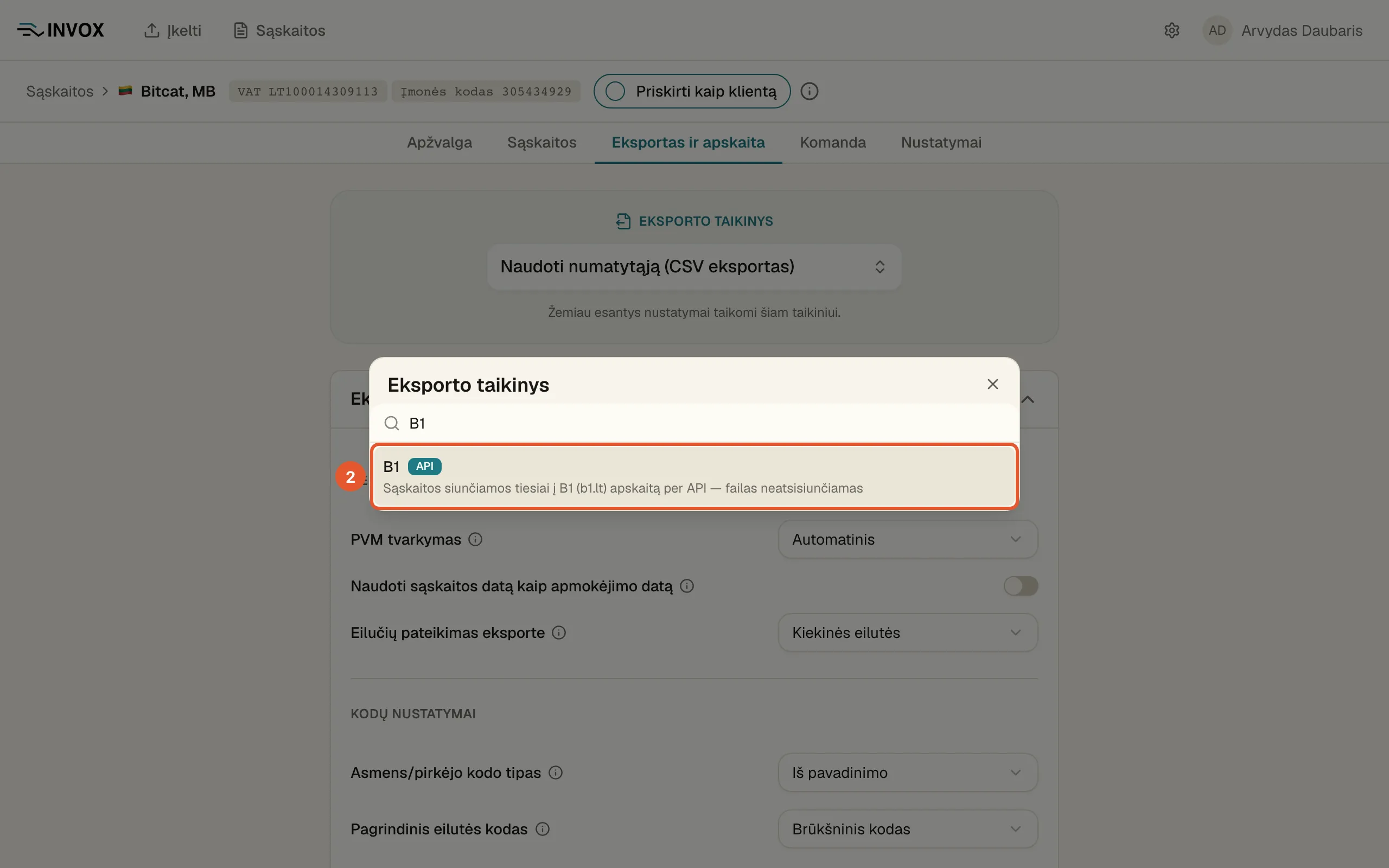 Formatų langas su įrašyta paieška ir pažymėta eilute „B1“