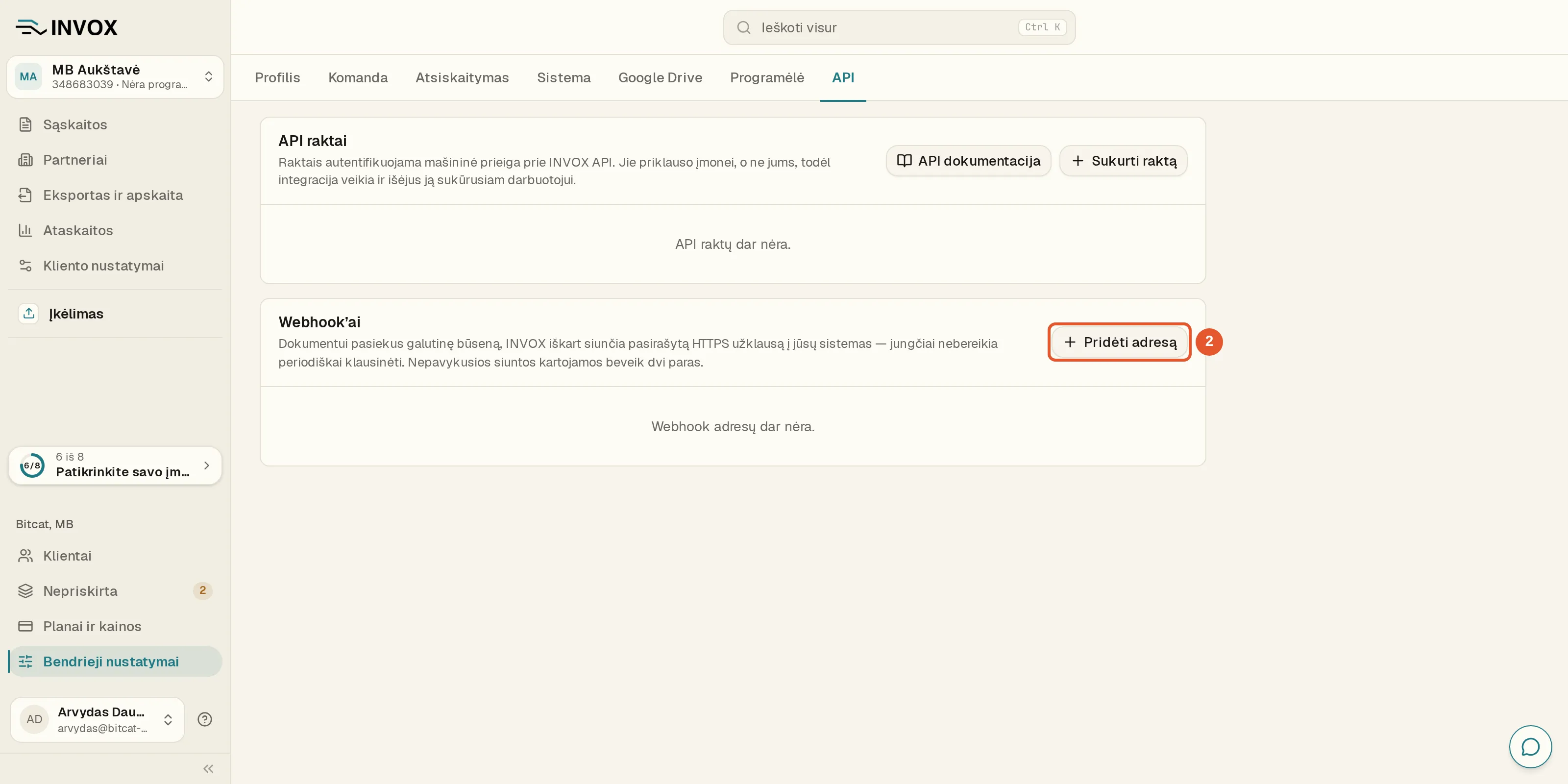 Kortelėje „Webhook’ai“ pažymėtas mygtukas „Pridėti adresą“.