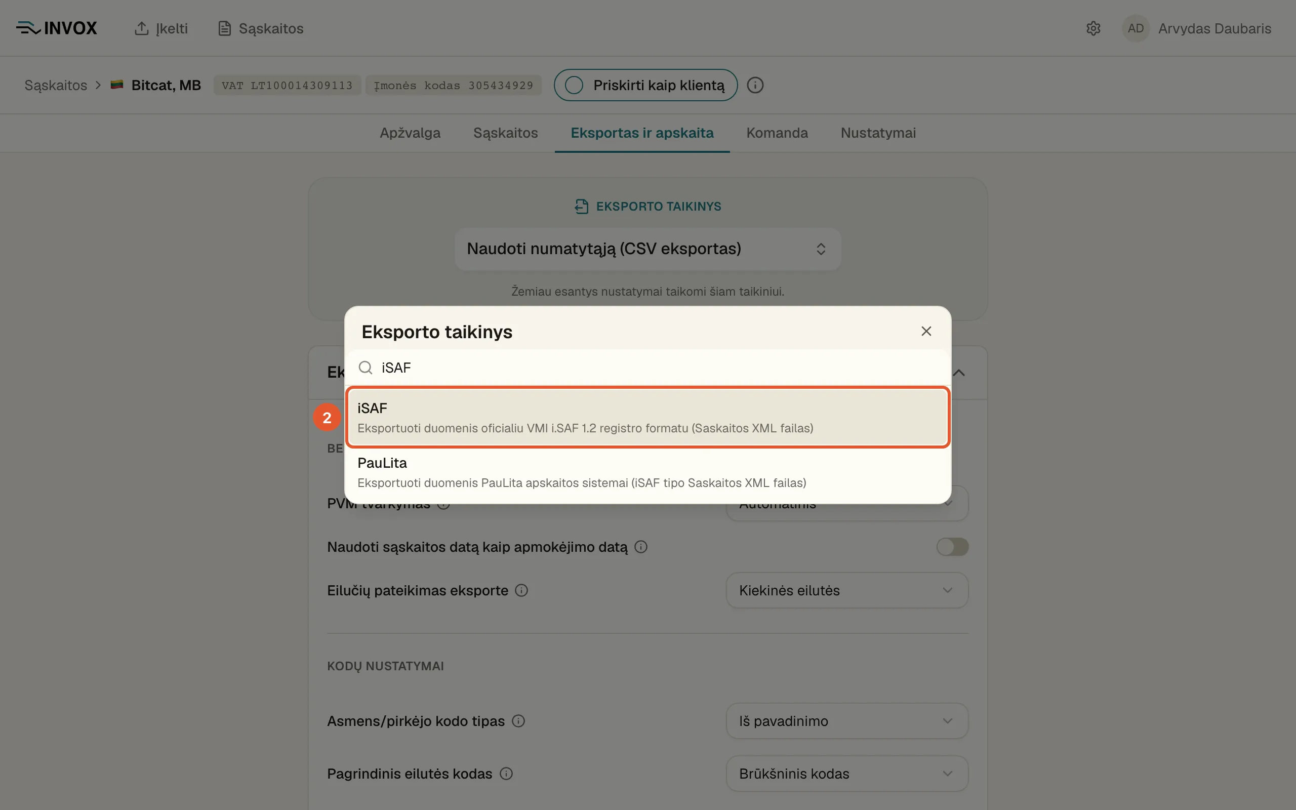 Formatų langas su įrašyta paieška ir pažymėta eilute „iSAF“