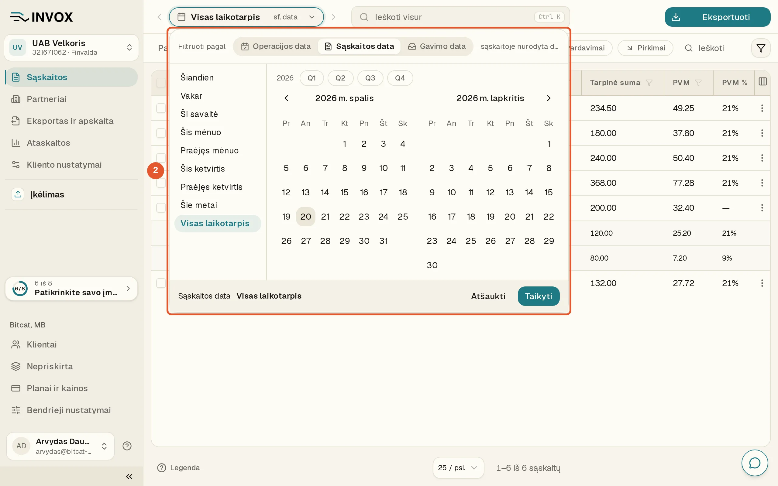 Laikotarpio langas: viršuje „Filtruoti pagal“ su „Operacijos data“, „Sąskaitos data“ ir „Gavimo data“, kairėje laikotarpiai, dešinėje kalendorius, apačioje „Atšaukti“ ir „Taikyti“.