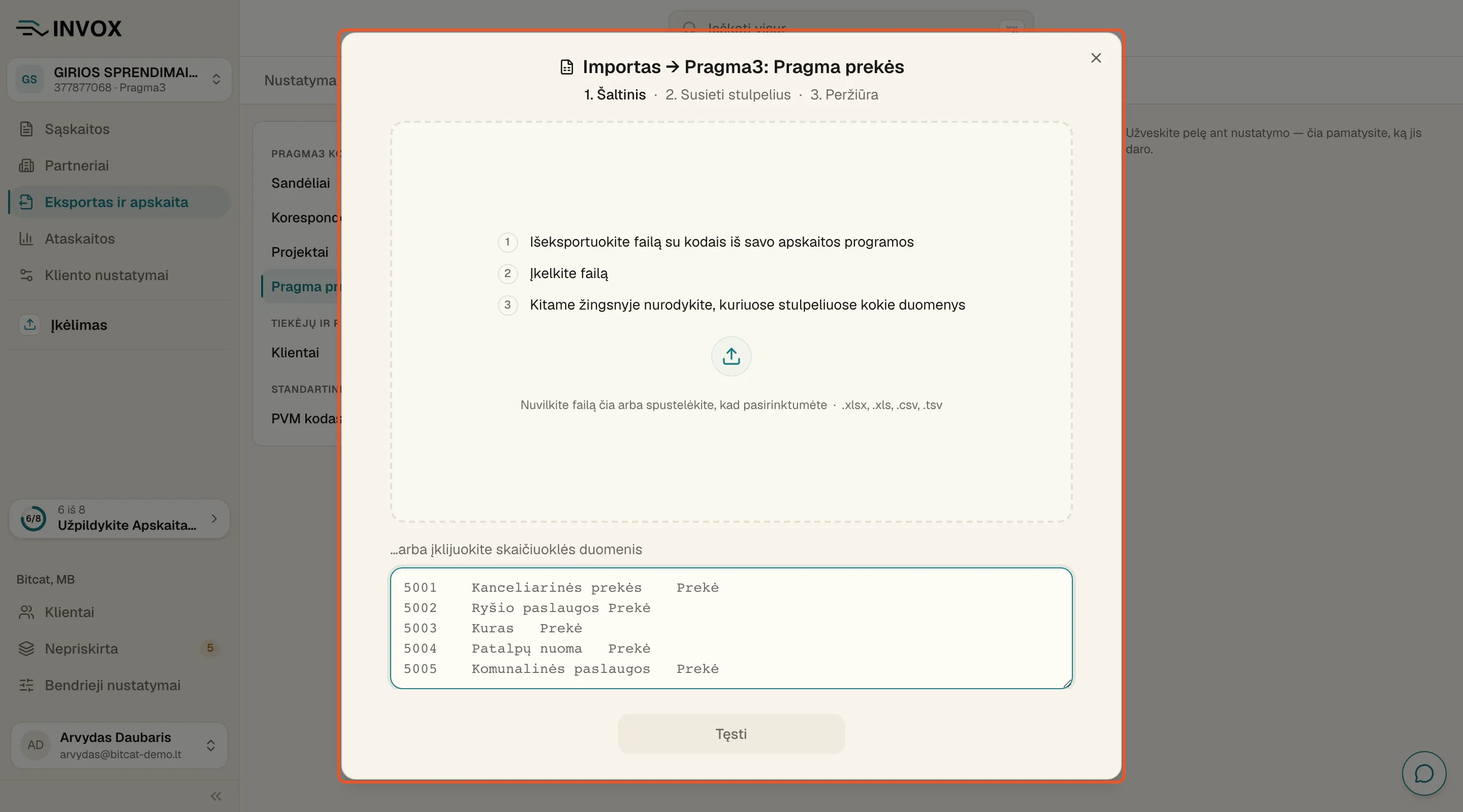 Importo langas „Importas → Pragma3: Pragma prekės“ žingsnyje „1. Šaltinis“: failo laukas ir teksto laukas eilutėms įklijuoti