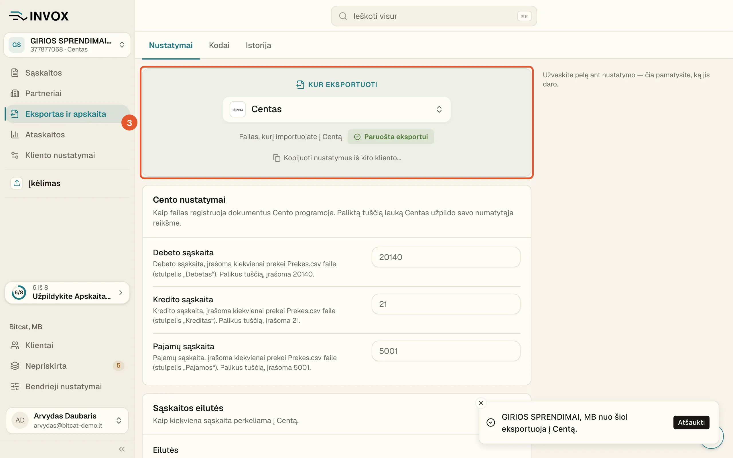 Kortelė „Kur eksportuoti“ su pasirinkta programa „Centas“ ir žyma „Paruošta eksportui“; apačioje – pranešimas su mygtuku „Atšaukti“