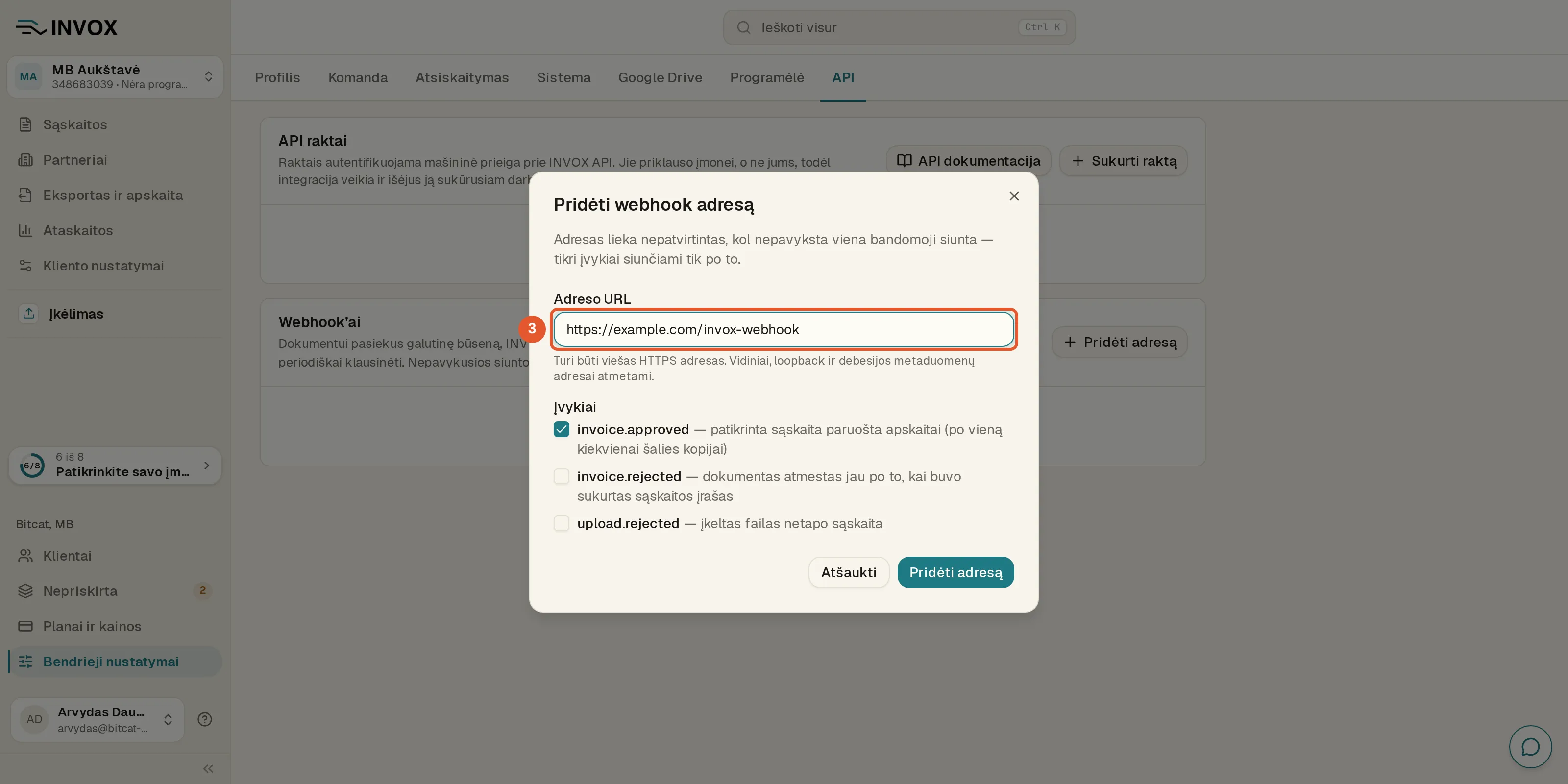 Langas „Pridėti webhook adresą“: lauke „Adreso URL“ įrašytas adresas https://example.com/invox-webhook.