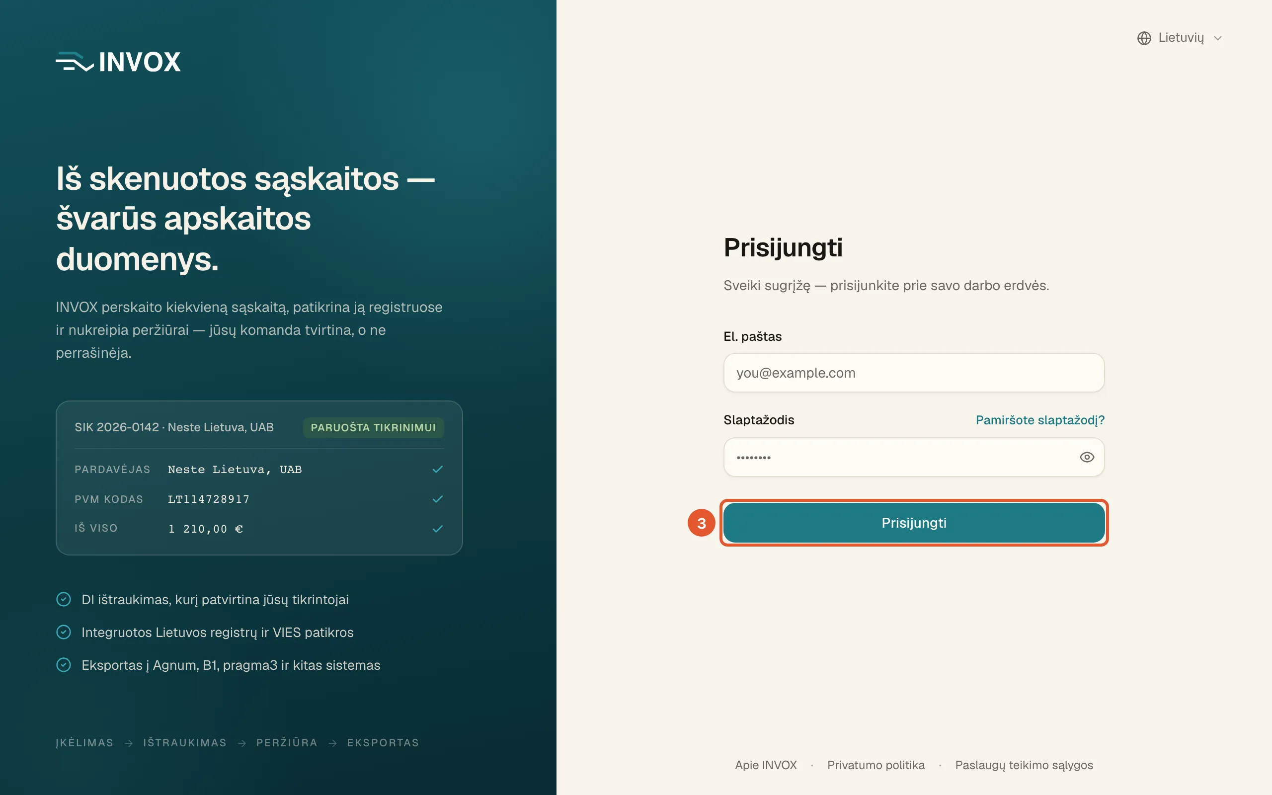 Prisijungimo langas su pažymėtu mygtuku „Prisijungti“