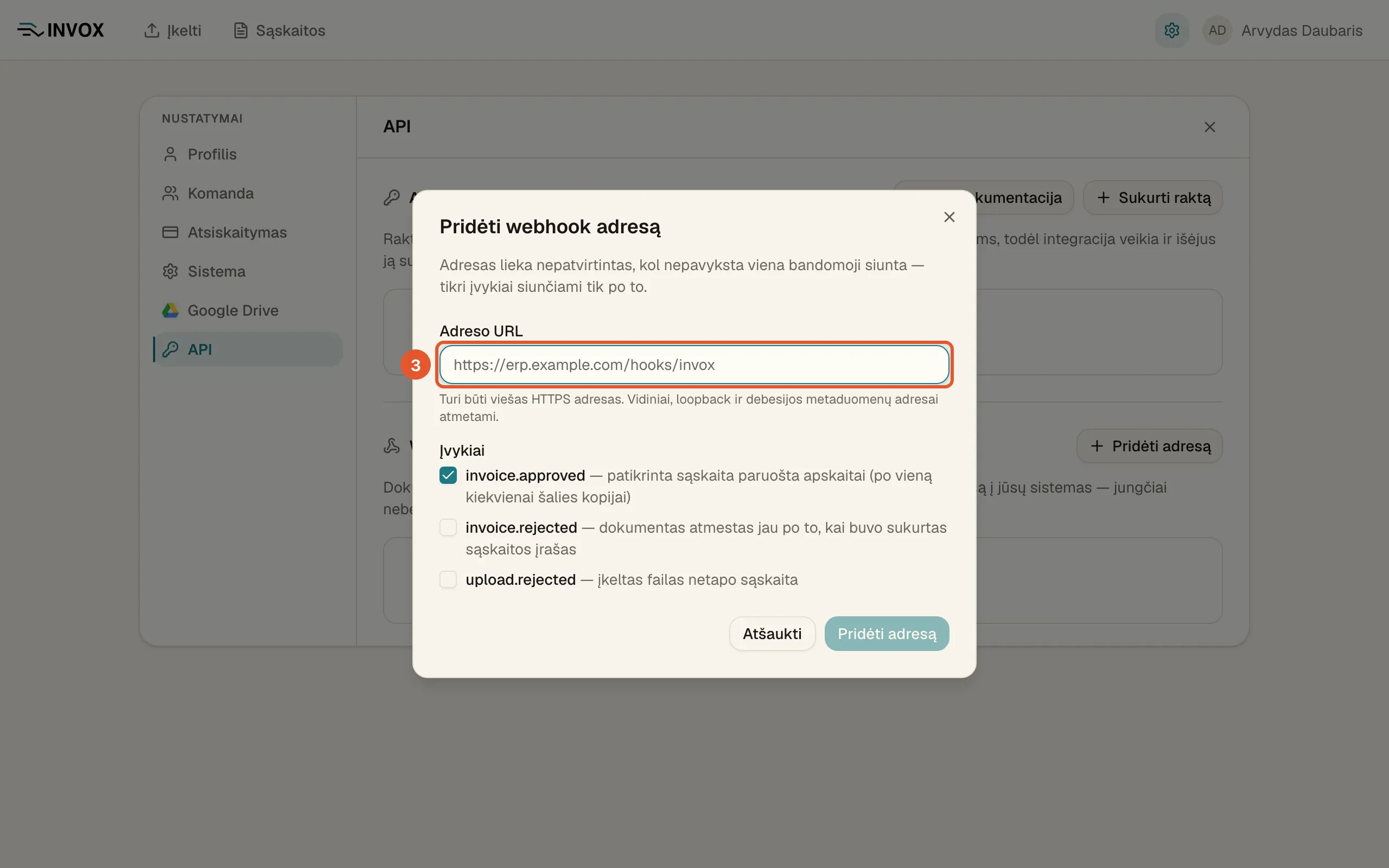 Naujo webhook adreso lange pažymėtas laukas „Adreso URL“ su pavyzdžiu https://erp.example.com/hooks/invox