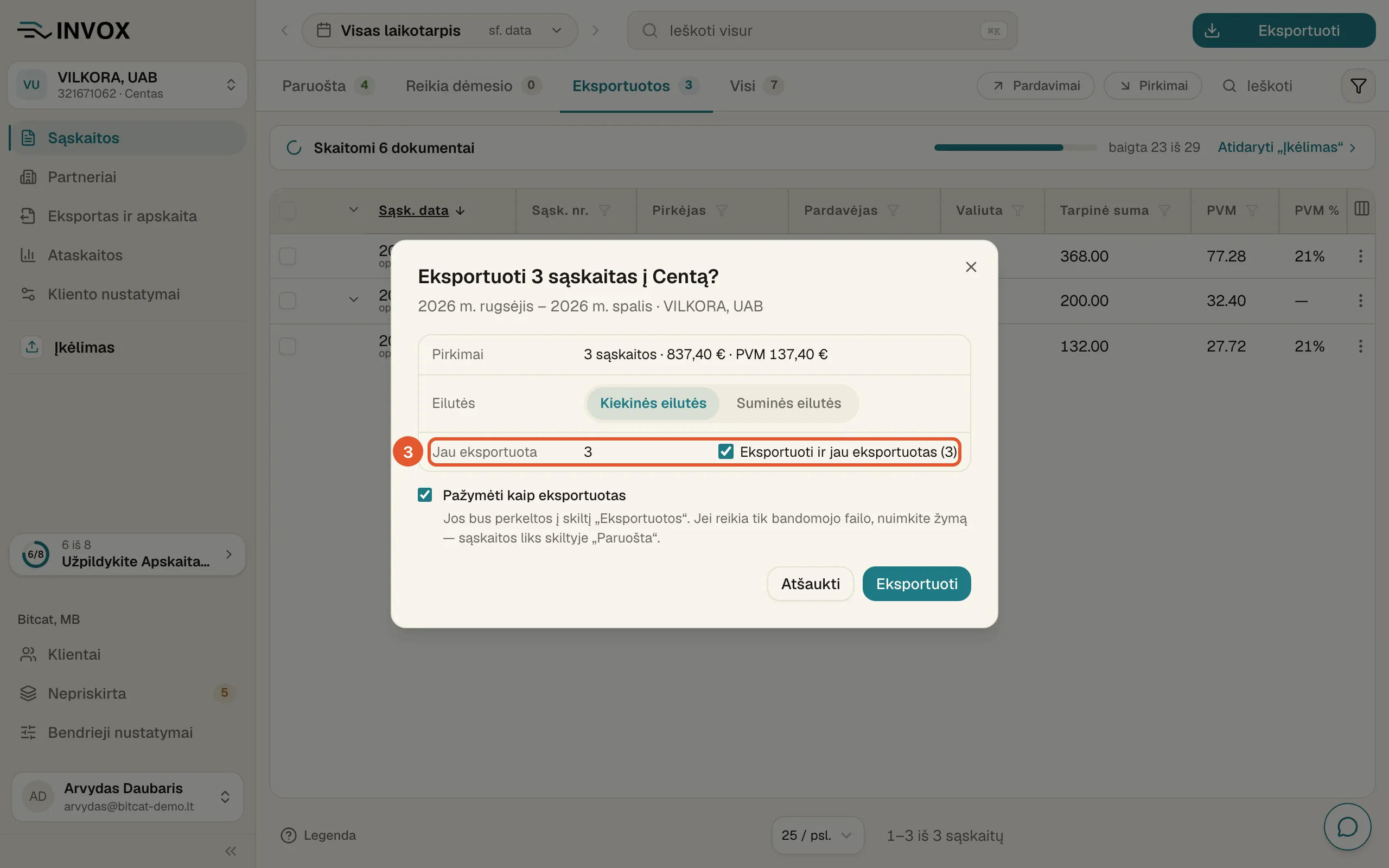 Patvirtinimo langas „Eksportuoti 3 sąskaitas į Centą?“: pažymėta eilutė „Jau eksportuota“ su pažymėtu langeliu „Eksportuoti ir jau eksportuotas (3)“.