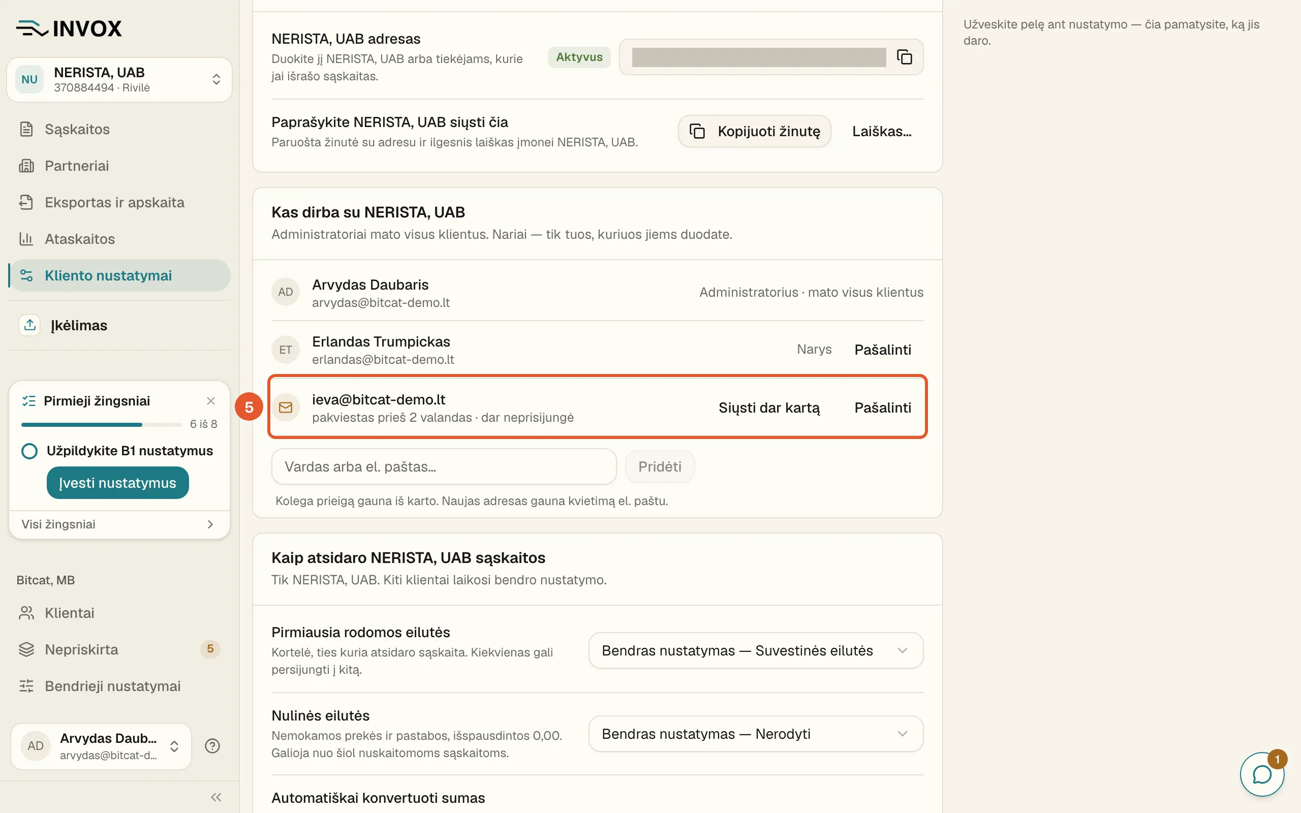 Kortelėje „Kas dirba su NERISTA, UAB“ pažymėta pakviesto kolegos eilutė ieva@bitcat-demo.lt su užrašu „dar neprisijungė“ ir mygtukais „Siųsti dar kartą“ bei „Pašalinti“.