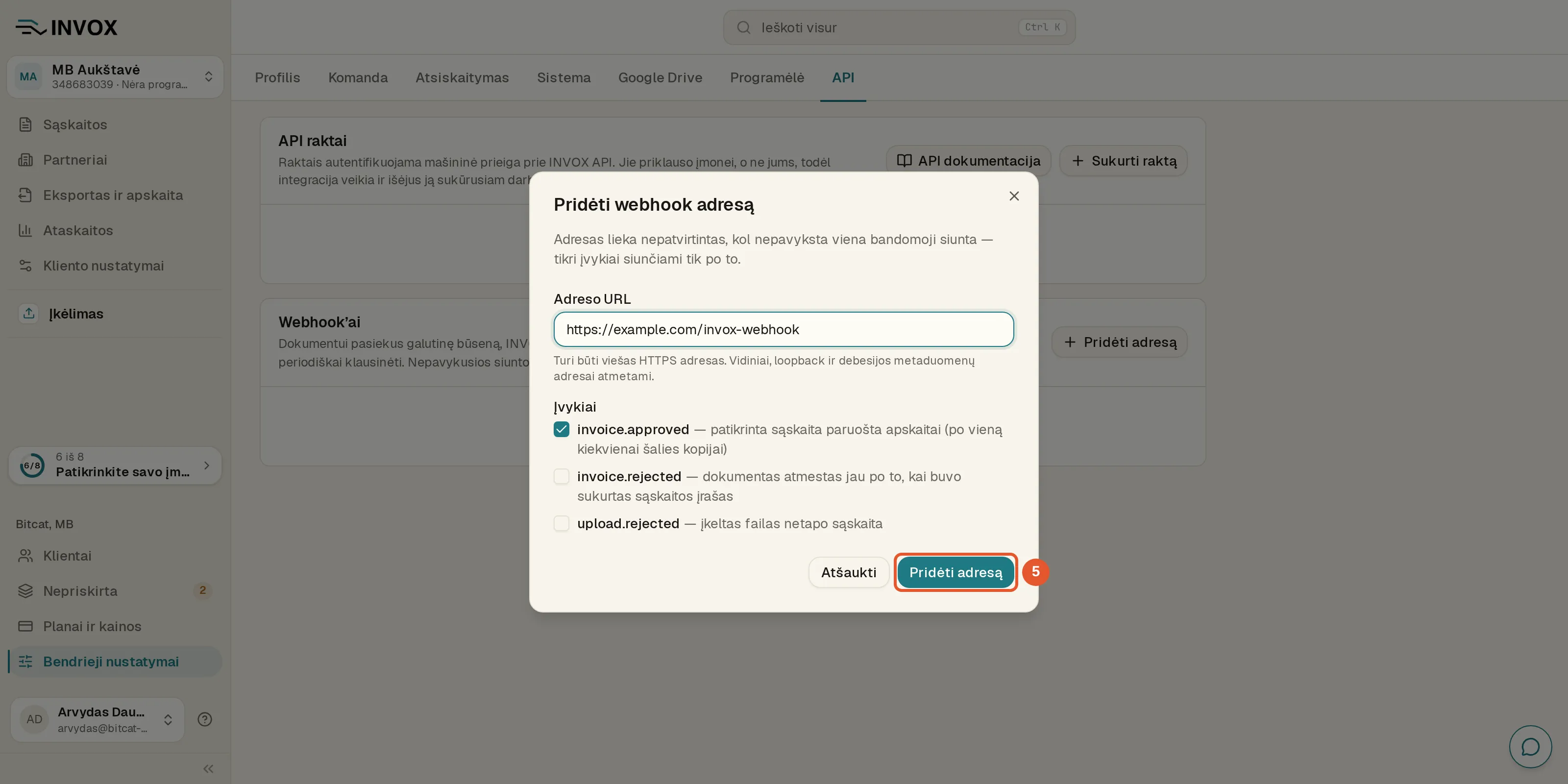 Langas „Pridėti webhook adresą“: apačioje pažymėtas mygtukas „Pridėti adresą“.