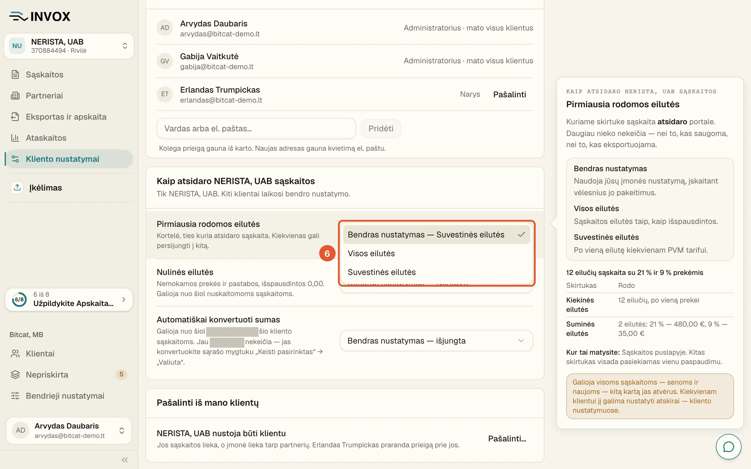 Atidarytas sąrašas „Pirmiausia rodomos eilutės“: pažymėtas bendras nustatymas su suvestinėmis eilutėmis, žemiau „Visos eilutės“ ir „Suvestinės eilutės“; dešinėje paaiškinimas.