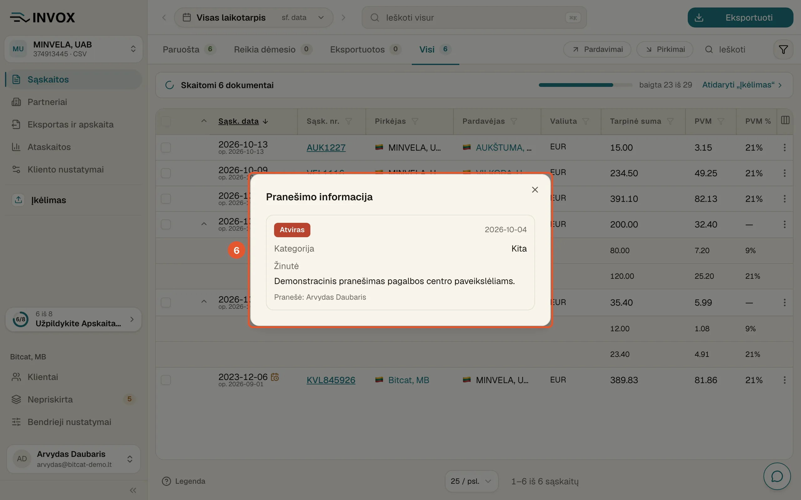 Langas „Pranešimo informacija“: būsena „Atviras“, data, kategorija, žinutė ir pranešėjas.
