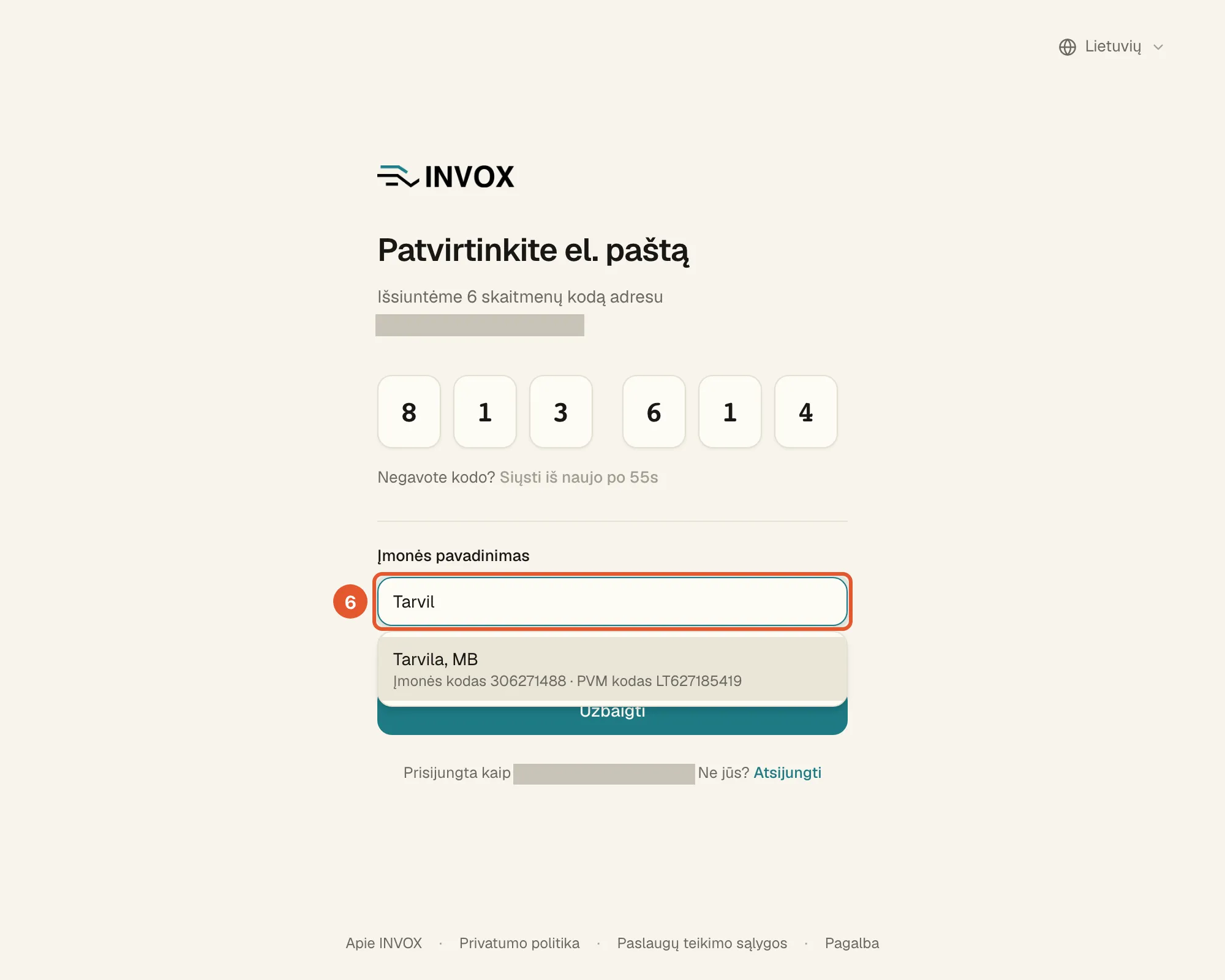 Lauke „Įmonės pavadinimas“ įrašyta „Tarvil“, po juo – registro pasiūlymas „Tarvila, MB“ su įmonės kodu ir PVM kodu.