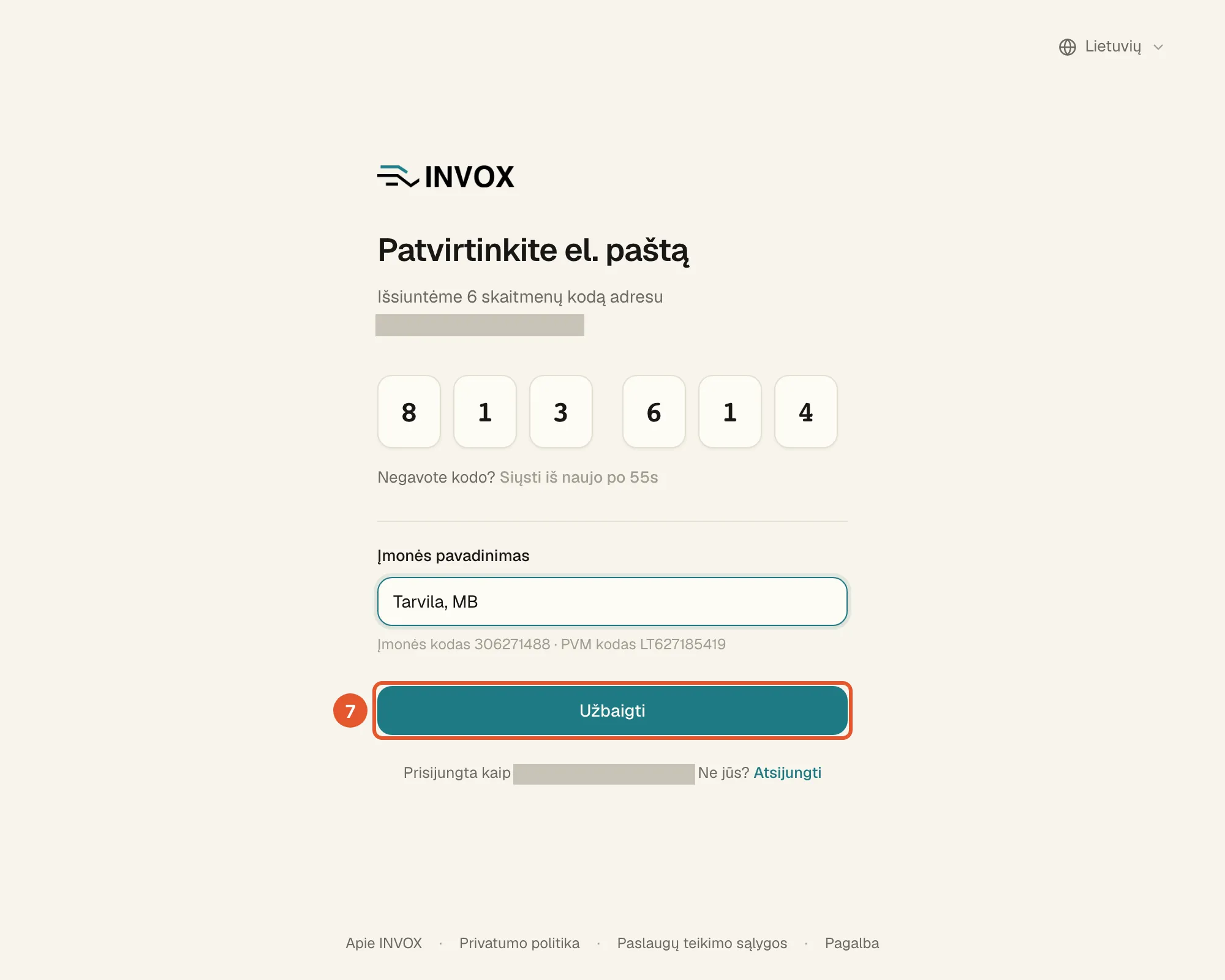 Pažymėtas mygtukas „Užbaigti“; lauke „Įmonės pavadinimas“ – „Tarvila, MB“, po juo – įmonės kodas ir PVM kodas.