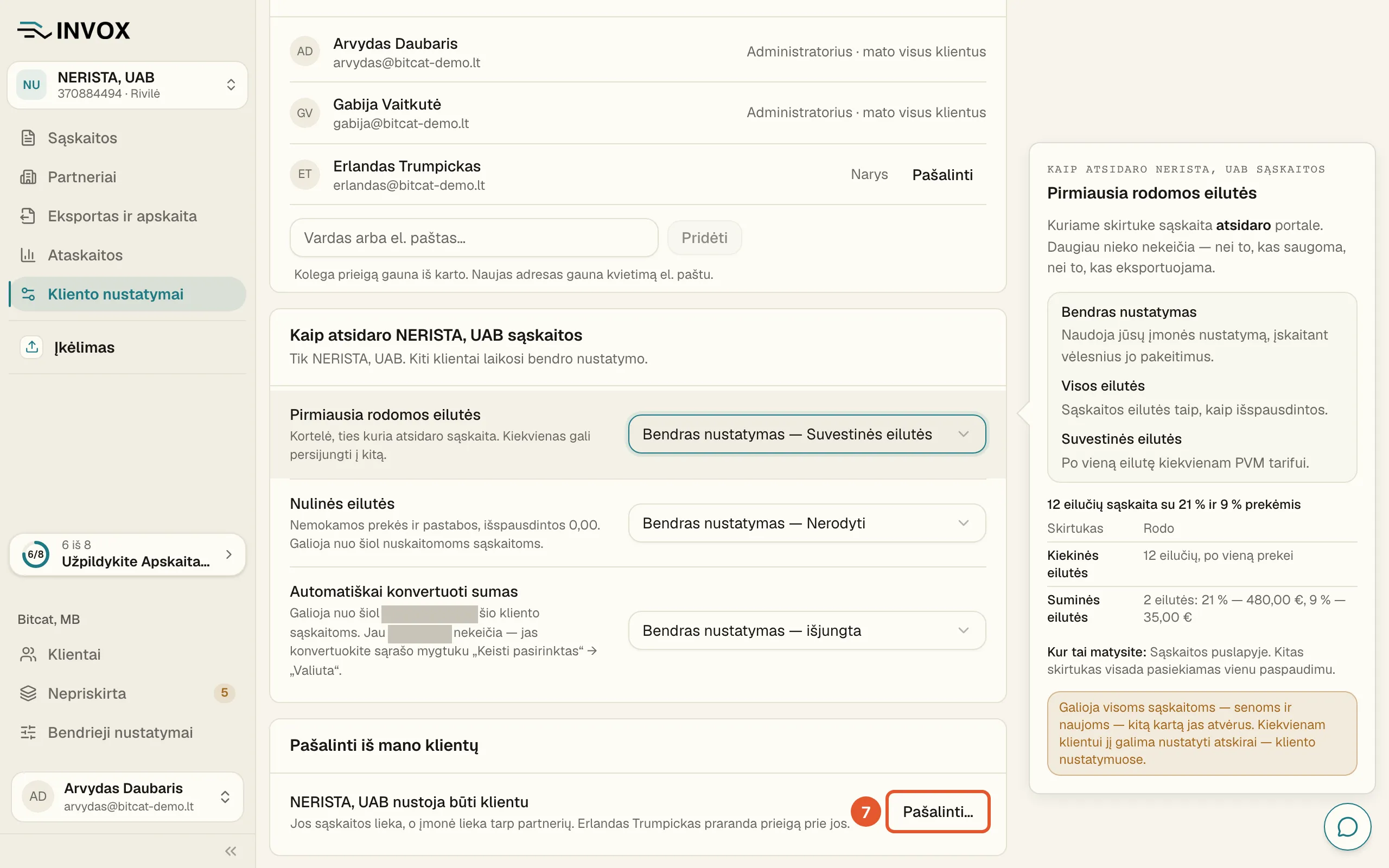 Kortelė „Pašalinti iš mano klientų“: pažymėtas mygtukas „Pašalinti…“, šalia parašyta, kad Erlandas Trumpickas praras prieigą.