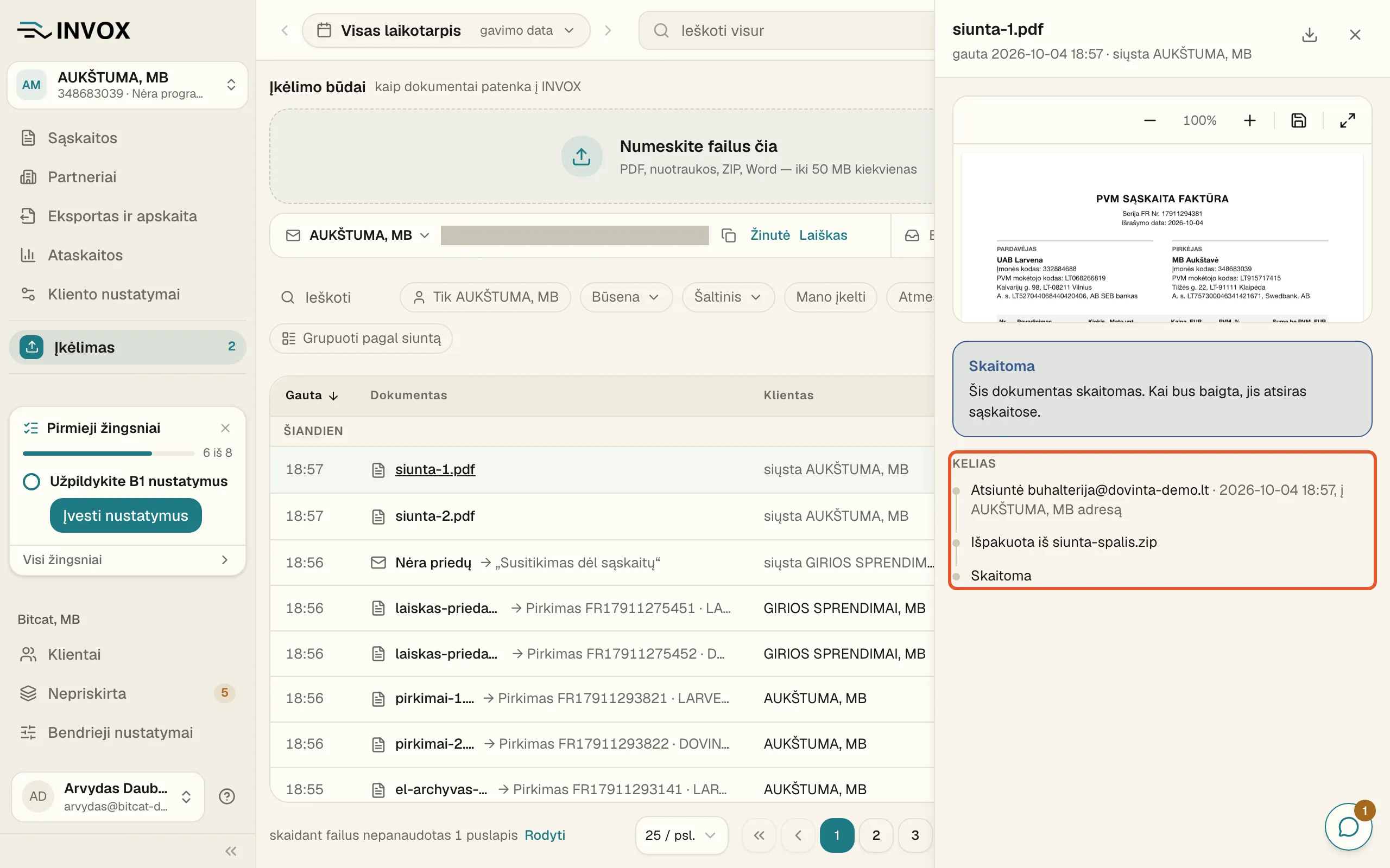 Skydelio dalis „Kelias“: „Atsiuntė“ su siuntėjo adresu, „Išpakuota iš siunta-spalis.zip“ ir „Skaitoma“.