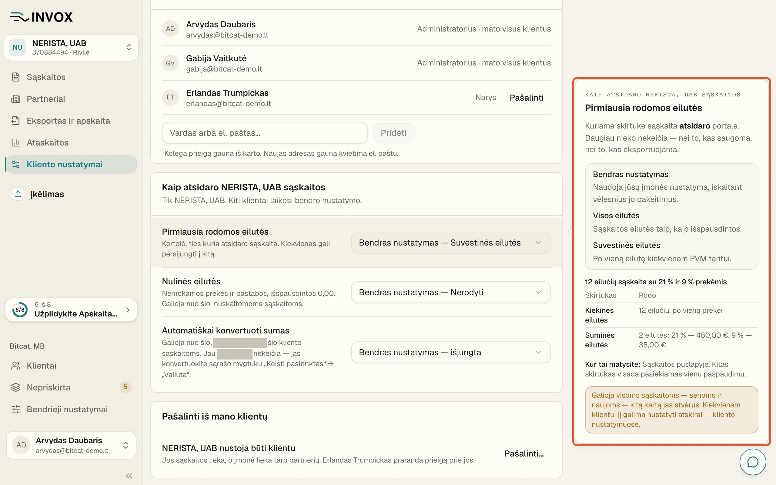 Užvedus pelę ant „Pirmiausia rodomos eilutės“, dešinėje rodomas paaiškinimas: ką reiškia „Bendras nustatymas“, „Visos eilutės“ ir „Suvestinės eilutės“, su pavyzdžiu.
