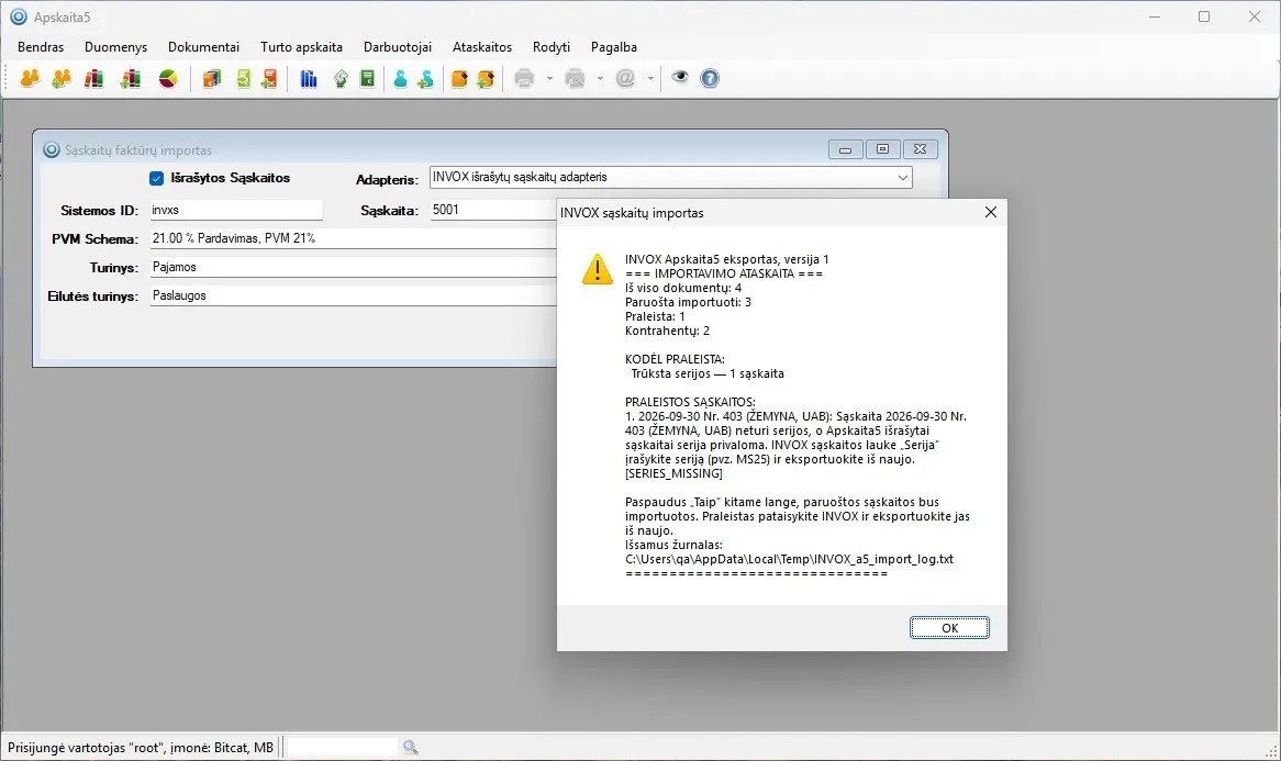 Langas „INVOX sąskaitų importas“ su ataskaita „=== IMPORTAVIMO ATASKAITA ===“: iš keturių dokumentų trys paruošti importuoti, vienas praleistas, nes trūksta serijos.