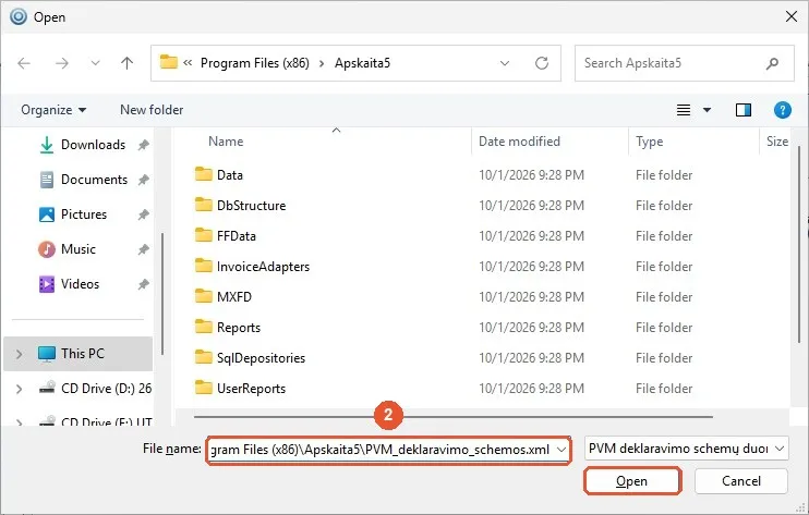 Failo pasirinkimo langas angliškoje „Windows“: laukelyje „File name“ pažymėtas failas PVM_deklaravimo_schemos.xml iš aplanko „Apskaita5“ ir mygtukas „Open“.