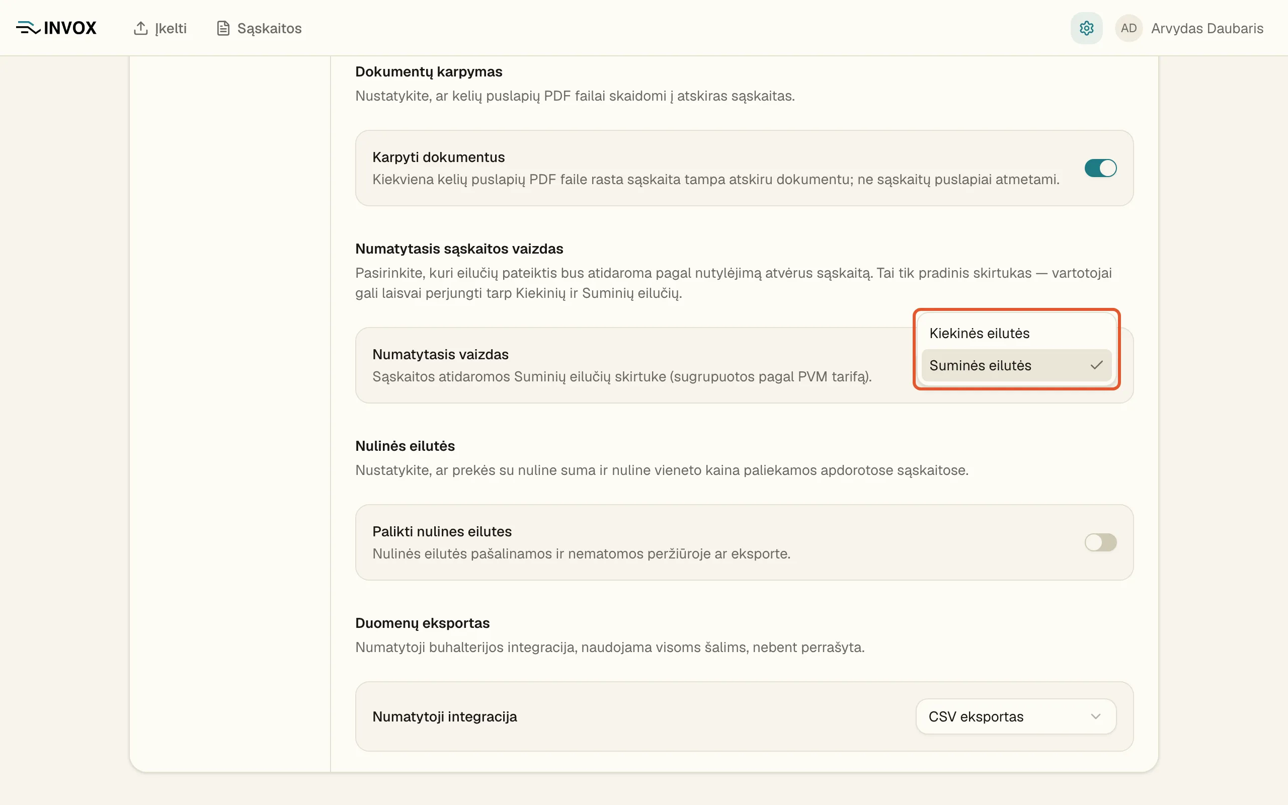 Atvertas laukas „Numatytasis vaizdas“ su pažymėtais pasirinkimais „Kiekinės eilutės“ ir „Suminės eilutės“